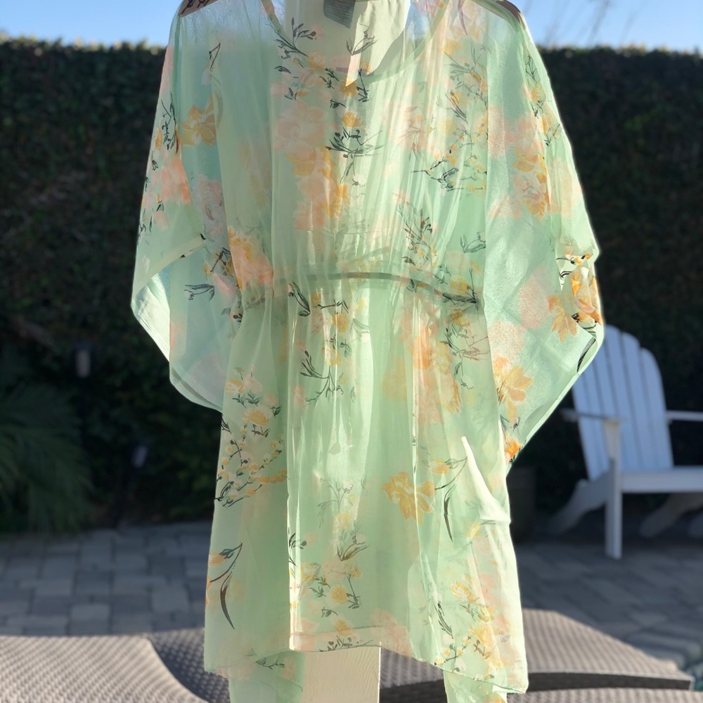 Floral Sheer Bathing Suit Drawstring Cover Up-